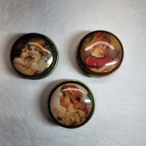 Set of 3 Victorian Small Tin Metal 1.75" Round Pill Box with Design on Bottom